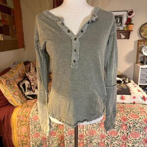 Free People Distressed Green Khaki Henley Top with Thumb Holes